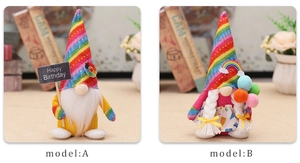 Détail de deux gnomes d'anniversaire arc-en-ciel avec chapeaux pointus et ballons colorés