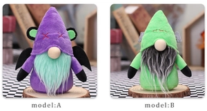 Detail view of model A purple bat gnome and model B green Frankenstein plush halloween gnomes