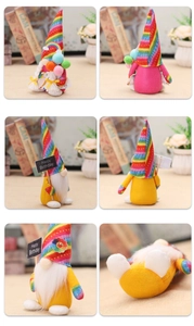 Vues macro de gnomes d'anniversaire arc-en-ciel avec chapeaux pointus et mini-tableaux