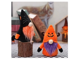 Halloween gnomes plush set with bat ears and pumpkin patterns on wooden stumps