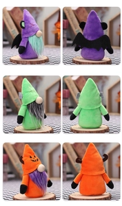 Detailed views of Halloween gnomes featuring bat wings, Frankenstein style and pumpkin motifs