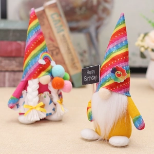 Paire de nains en peluche arc-en-ciel pour décoration d'anniversaire avec chapeaux