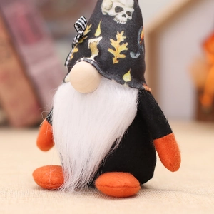 Halloween gnome plush decor with pointy skull hat and white beard in cozy home setting