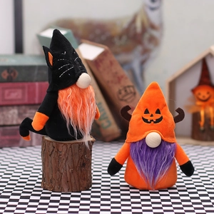 Halloween faceless gnome plush ornaments with cat ears and pumpkin hats on wood base