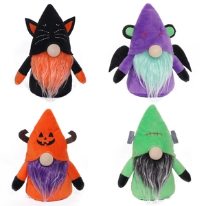 Set of four plush Halloween gnomes featuring black cat, bat, and pumpkin designs