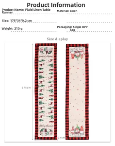 Detailed view of burlap Christmas table runner featuring gnomes and red black plaid borders