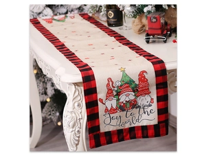 Detail of Christmas gnome table runner with Buffalo Plaid and Joy to the World print