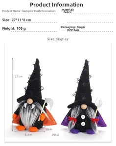 Detail of Halloween vampire gnome plush featuring size specs 27x11x8cm and black cape