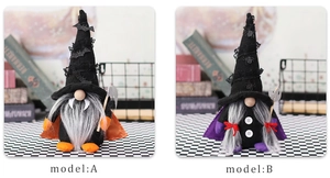 Detail of Halloween gnome plush dolls with scythe, bat hat and cloak decorations