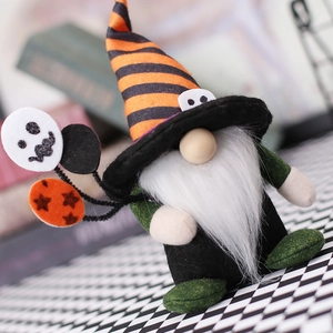 Halloween gnome plush decor with striped pointed hat and spooky decorative balloons