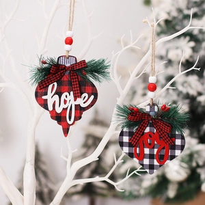 Christmas buffalo plaid wooden ornaments with hope joy text on decorative white branches