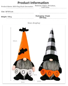 Detailed size display of Halloween gnomes holding BOO flags standing 30cm tall