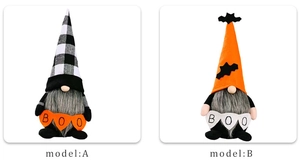 Halloween gnomes set with plaid hats holding BOO banners and bat details on white background