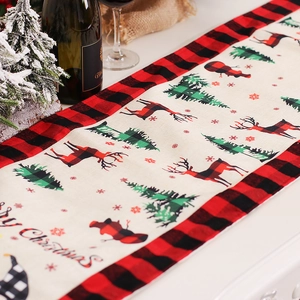 Nordic Christmas table runner with red black plaid reindeer and Merry Christmas print
