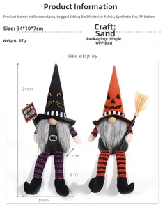 Detailed dimension guide for long-legged Halloween gnomes in striped fabric and faux fur