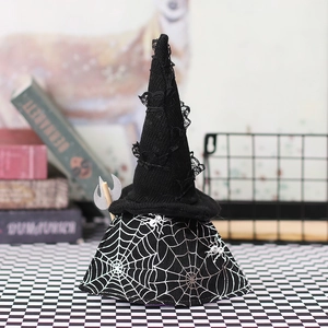 Halloween wizard hat gnome decor with silver spider web patterns and a mini battle axe