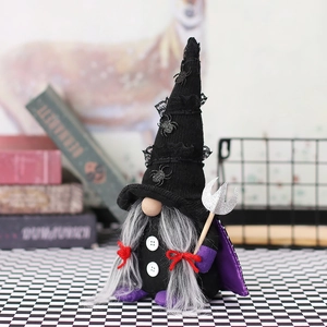 Halloween gnome doll with black wizard hat, purple cape and silver trident decoration