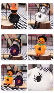 Detail of plush Halloween hanging dolls featuring witches and pumpkins with long fur texture