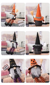 Close-up of handmade Halloween gnome set with pumpkin hat and plush white beard details