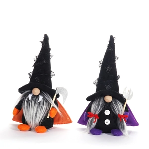 Halloween gnome dolls set with black bat hat, orange cloak, scythe and purple trident