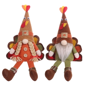 Pair of Thanksgiving turkey gnomes with long legs and colorful feathers for home decor