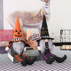Halloween Gnome Decorations Long Legged Pumpkin Black Cat Witch Hat Plush Faceless Doll For Desktop Home Party Ornaments