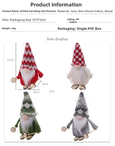Detailed dimensions of knitted skiing gnome ornaments in red, white, green and gray