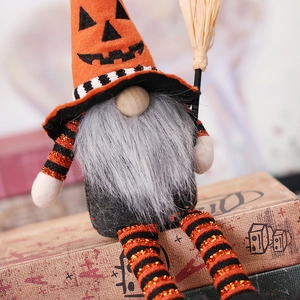 Halloween gnome plush with orange pumpkin hat and striped long legs for festive decoration