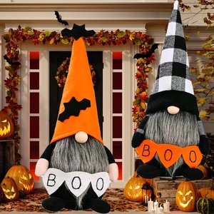 Halloween gnomes with pointed hats holding BOO banners on a festive pumpkin porch