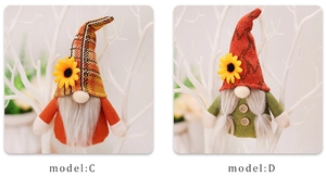 Detail of harvest gnome ornaments with plaid hats and sunflower decorations for Thanksgiving