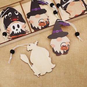 Halloween wooden forest gnome hanging ornaments with wizard hats and pumpkin baskets
