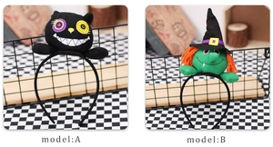 Detail of Halloween headbands featuring black monster and green witch hat models