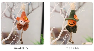 Detail of harvest scarecrow dolls featuring wizard hats, plaid bows, and small bells