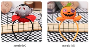 Detail of Halloween headbands with embroidered plush vampire and pumpkin party designs