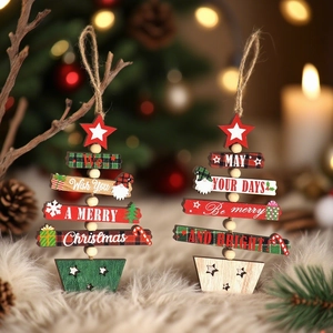 Wooden Christmas tree ornaments with festive holiday greetings and rustic twine hangers