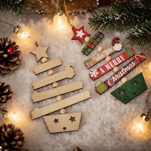 Handcrafted wooden Christmas tree ornaments with festive star and snowflake decorations