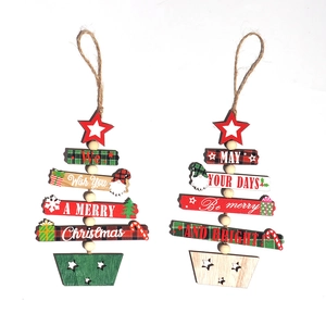Christmas tree wooden hanging ornaments with red stars and festive holiday patterns