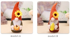 Macro detail of plush autumn gnomes featuring sunflower hats with pumpkin and corn accents