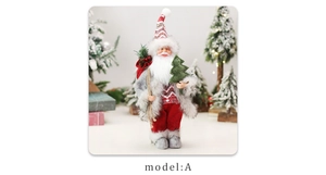 Close-up of Santa gnome ornament in grey faux fur coat holding a mini Christmas tree