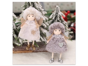 Close-up of Christmas angel plush dolls with lace collars and glittery wings decor