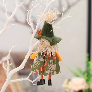 Harvest Festival scarecrow girl doll hanging ornament with green pumpkin dress and straw hair