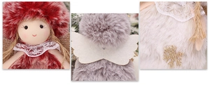 Close-up of plush Christmas angel doll with lace collar and golden wings decor