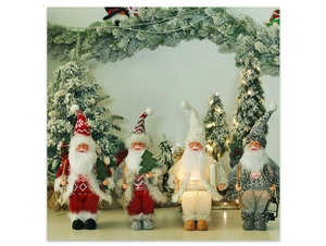 Detail of lit LED gnome dolls with plush texture in a snowy Christmas forest scene