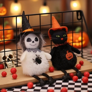 Peluche di Halloween scheletro e gatto nero con cappelli da strega per decorazioni