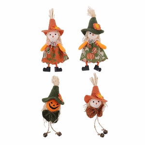 Set of 4 Harvest Festival scarecrow dolls with pumpkin patterns and metal bells