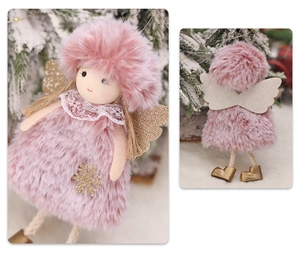 Detail of pink plush Christmas angel doll with lace collar and golden wings decor