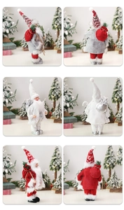 Detailed views of three gnome figurines with knit hats, long beards, and gift bags