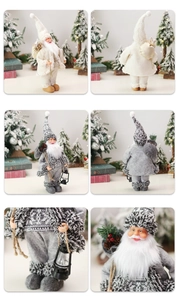 Detailed views of handmade Christmas gnomes with warm lanterns and gift bags