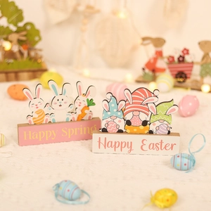 Enseigne de Table en Bois Joyeuses Pâques Ornement de Bureau Lapin et Gnome pour Décoration de Maison et Fête