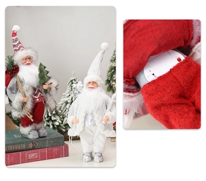 Detail showing the battery compartment and power switch of a Christmas gnome figurine
